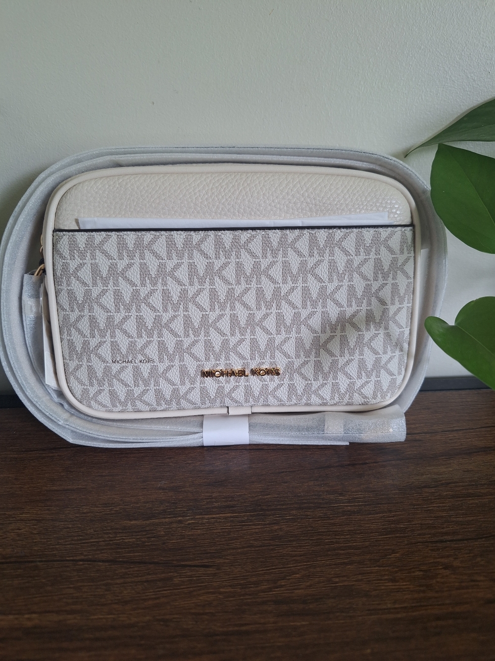 Michael Kors Beige/Cream MK Logo Crossbody with Gold Hardware